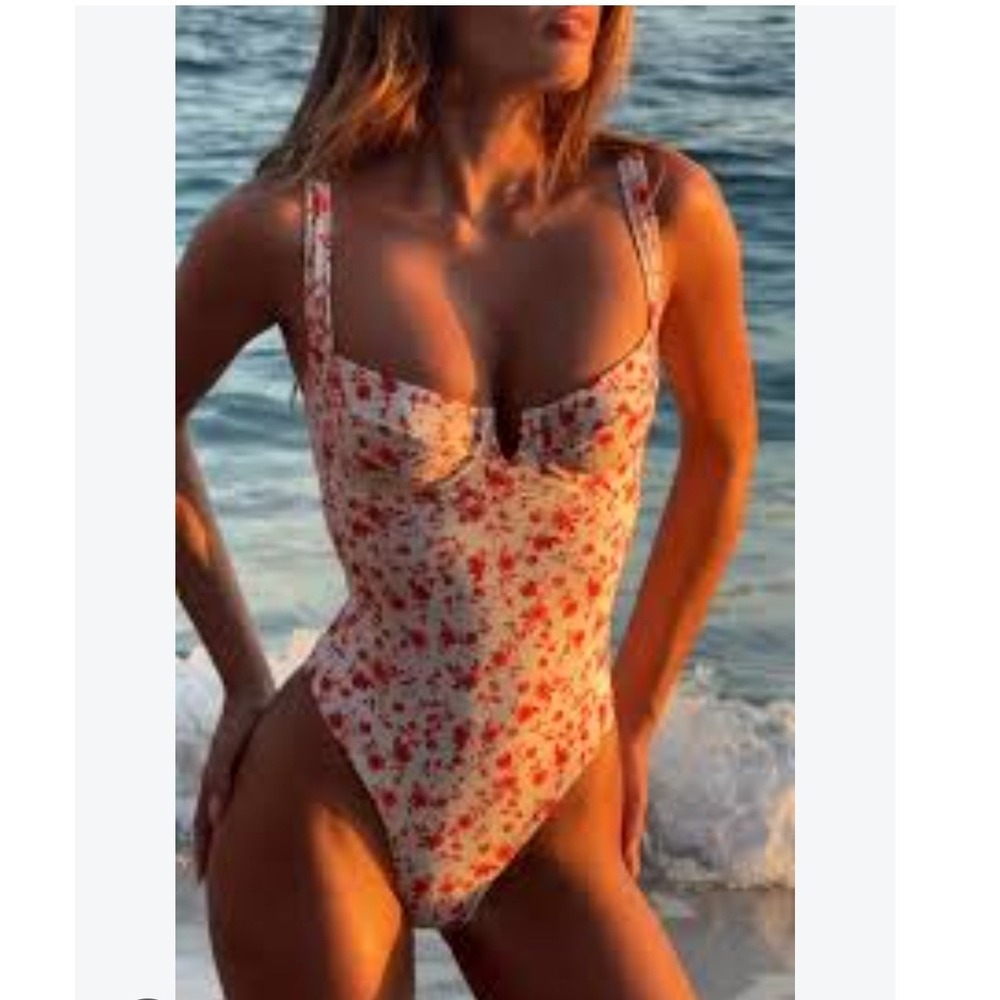 Monday Swimwear Floral Underwire One Piece Swimsuit Orange Cream Size M